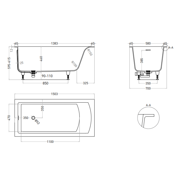 Salini Cascata Kit Ванна 150x70х62.5см., встраиваемая, S-Sense, цвет: белый глянцевый