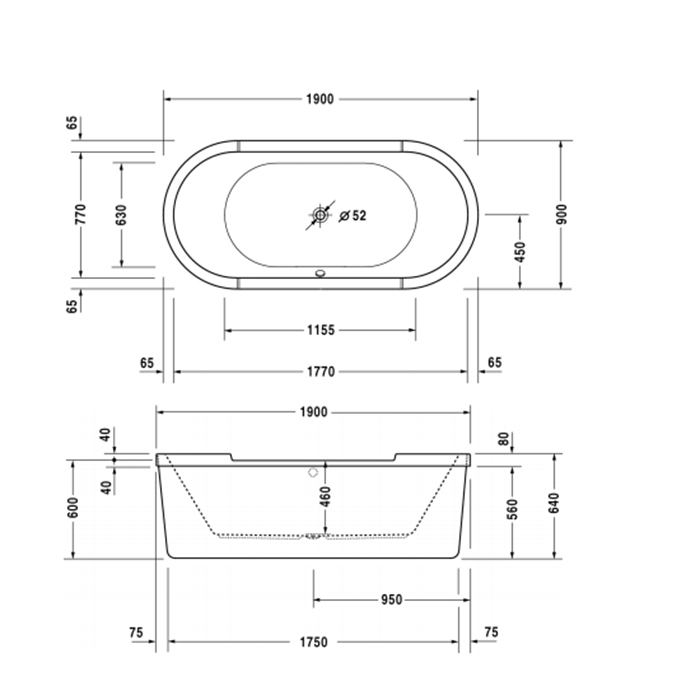 Duravit STARCK Ванна акриловая отдельностоящая 190x90см, с 2 наклонами для спины , с панелью и ножками, цвет: белый