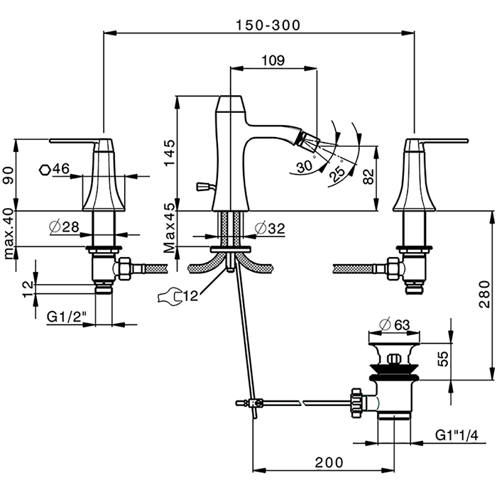 CISAL Cherie Смеситель для биде на 3 отверстия с донным клапаном, цвет: хром/черный матовый