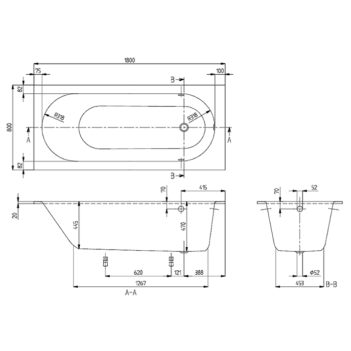 Villeroy&Boch Oberon Ванна 180х80х47см., встраиваемая, ножки, Quaryl, цвет: альпийский белый