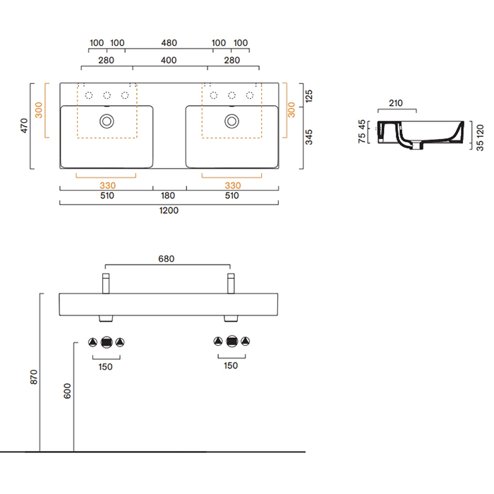 Catalano Premium Раковина 120x47см двойная, с 2 отв., цвет: белый глянцевый