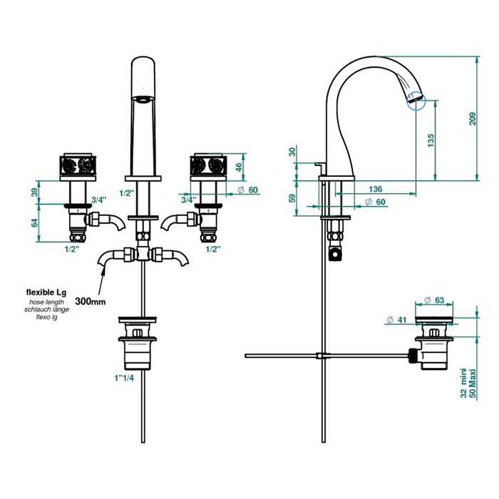 THG Island Смеситель для раковины на 3 отверстия, ручки с подсветкой, с донным клапаном, цвет: Soft gold