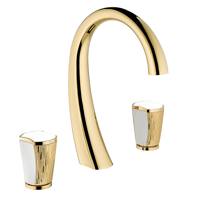THG Infini white porcelain with gold decor Смеситель для раковины на 3 отверстия, с донным клапаном, цвет: полированное золото