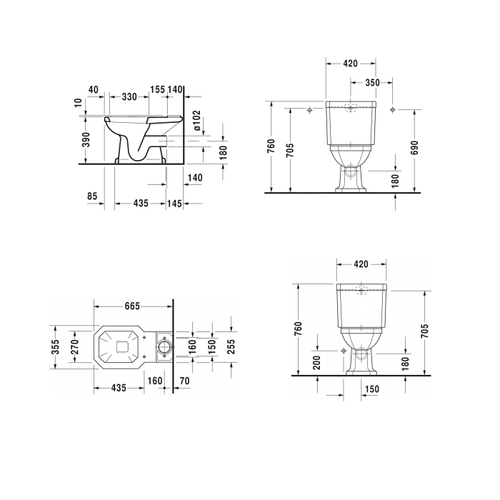 Duravit 1930 Унитаз моноблок с отдельным бачком (с механизмом слива хром), 66.5х35.5см, слив в стену, Цвет: Белый