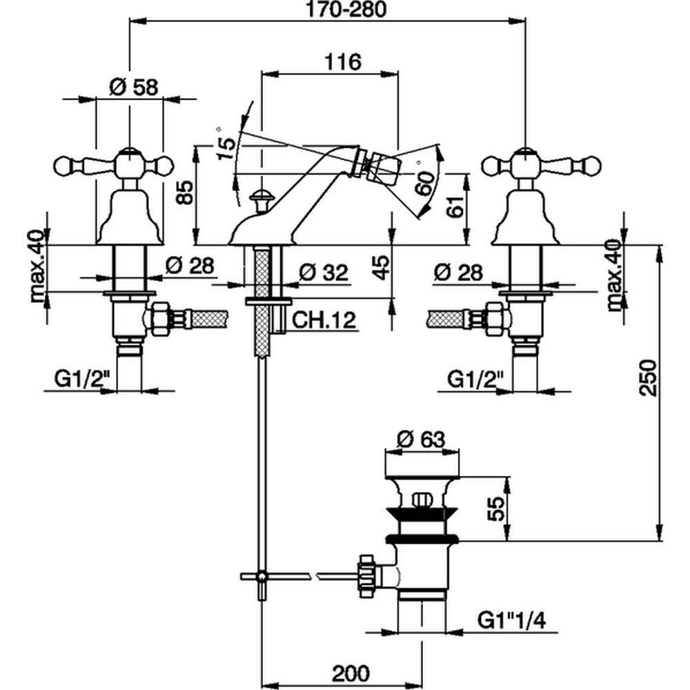 CISAL Arcana America Смеситель для биде на 3 отверстия, с донным клапаном, цвет: золото