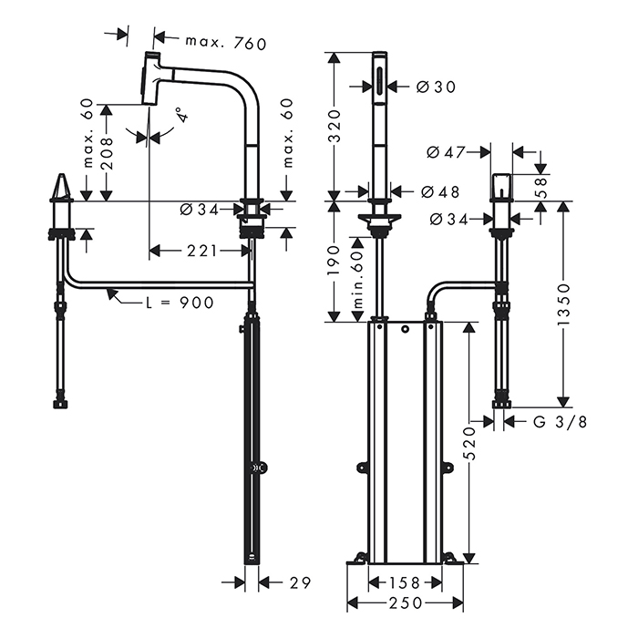 Hansgrohe Metris Select Кухонный смеситель 200, на 2 отв, с вытяжным изливом 2jet, цвет: шлифованный черный хром