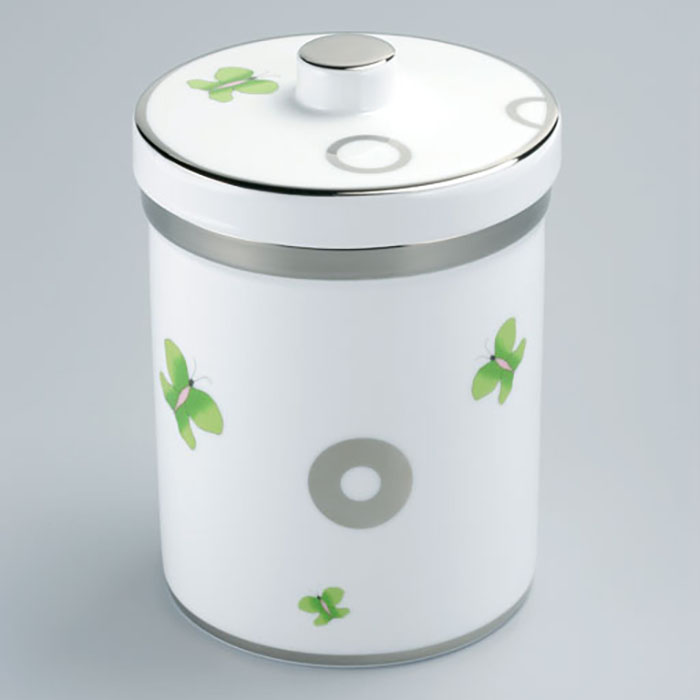 THG CAPUCINE VERT DECOR PLATINE Банка керамическая с крышкой, настольная, декор платина/зеленый, цвет: белый