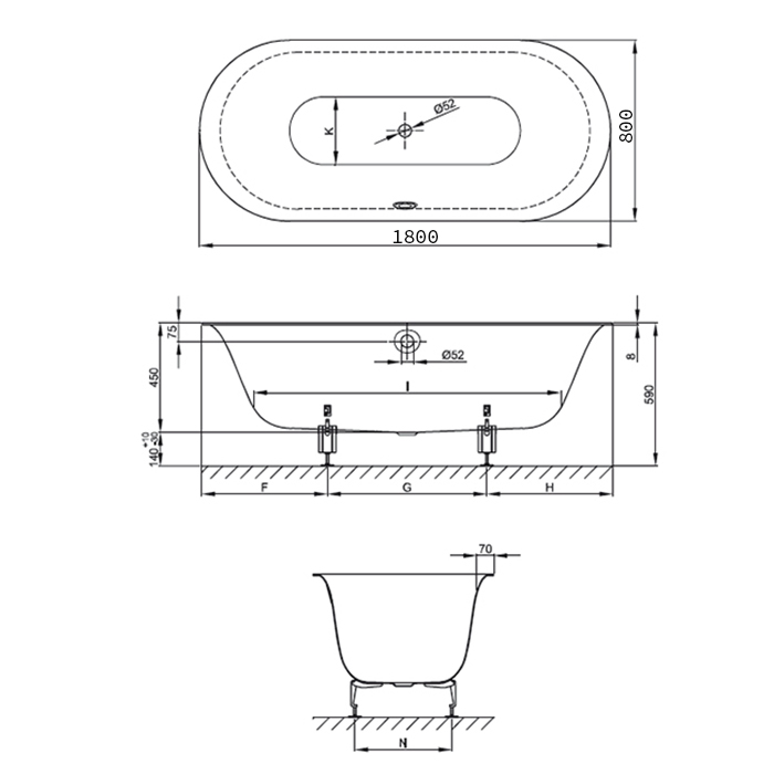 BetteLux Oval Ванна встраиваемая овальная с шумоизоляцией 180x80x45 см, BetteGlasur® Plus антислип, (для удлиненного слива-перелива), цвет: белый