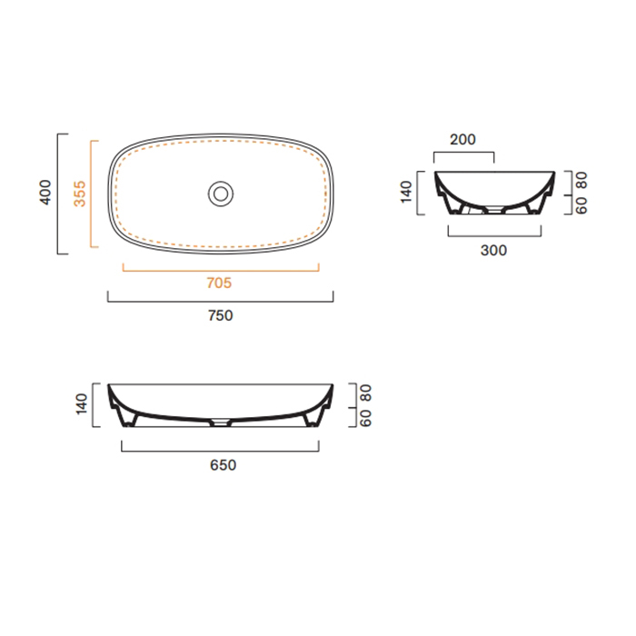 Catalano Alvea Раковина 75x40см встраиваемая, без отв., цвет: черный матовый