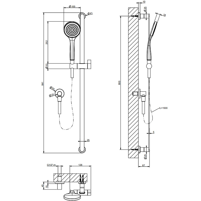 Gessi Emporio shower Душевой гарнитур, с ручным душем, шланг 1,5м и вывод воды, цвет: Finox Brushed Nickel