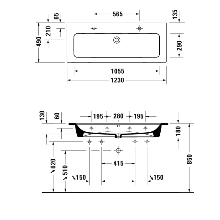 Duravit ME by Starck Раковина подвесная 123х49см., с площадкой, с 2 отв., цвет: белый