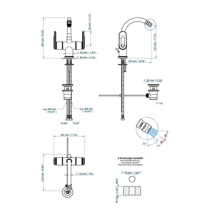 THG CORVAIR A MANETTES FIOR DI BOSCO Смеситель для биде на 1 отверстие, 2-х вентильный, с донным клапаном, цвет: хром