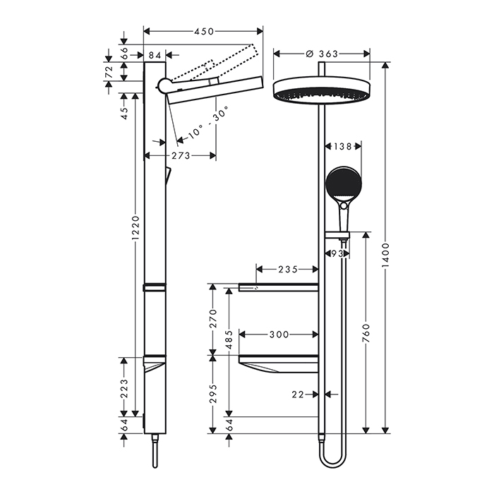 Hansgrohe Showerpipe Душевая система 1jet (верхний душ, штанга, ручной душ, полочки), цвет: белый матовый