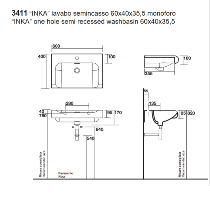 Kerasan Inka Project Раковина 60x40x35.5 см, 1 отв., цвет: nero lucido