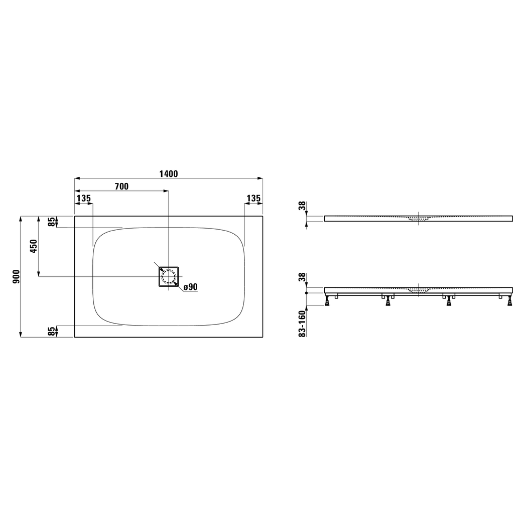 Laufen Solutions Поддон прямоугольный ультратонкий , из материала Marbond 1400х900х38 мм, d90мм, цвет: белый