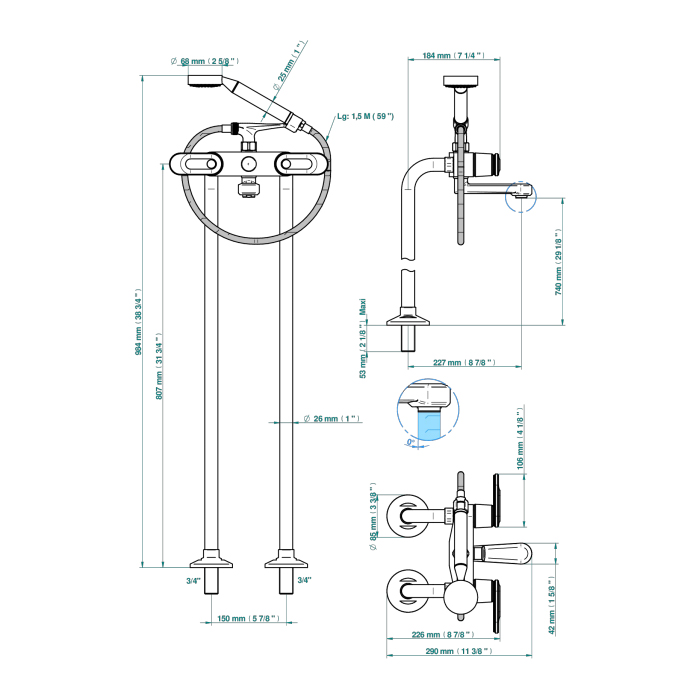 THG CORVAIR A MANETTES FIOR DI BOSCO Смеситель для ванны напольный, с ручным душем и шлангом 1500 мм., цвет: Blush PVD