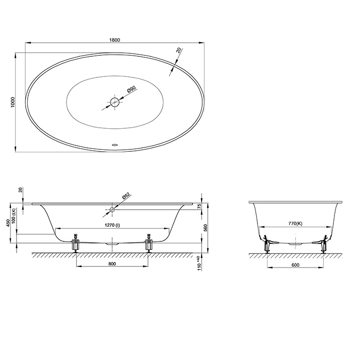 Bette Eve Oval Ванна овальная с шумоизоляцией 180х100х45см, с BetteGlasur ® Plus, цвет: белый