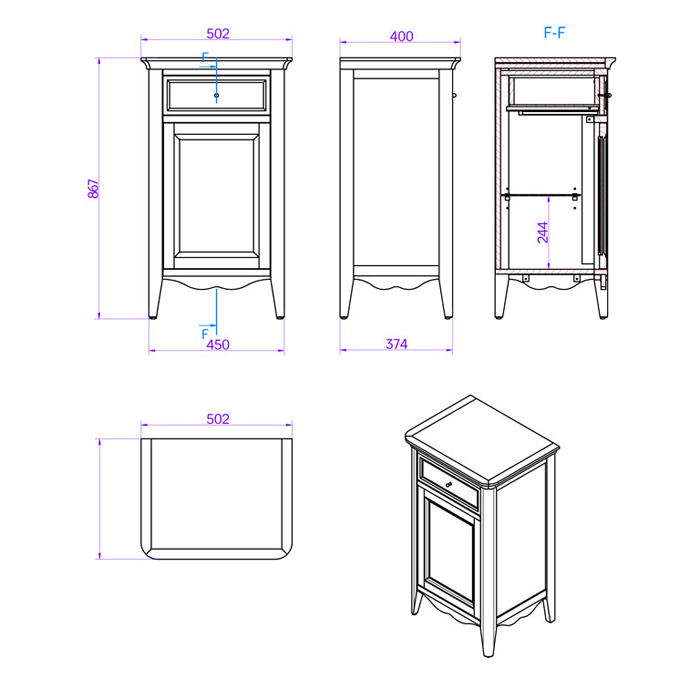 TW Veronica, Тумба 50.2/45x40/37.4 x h86.7см, 1 распашная дверка 1 выдвижной ящик, доводчики Blum (петли справа-DX), напольная, цвет: Tortora, ручки: Riflesso