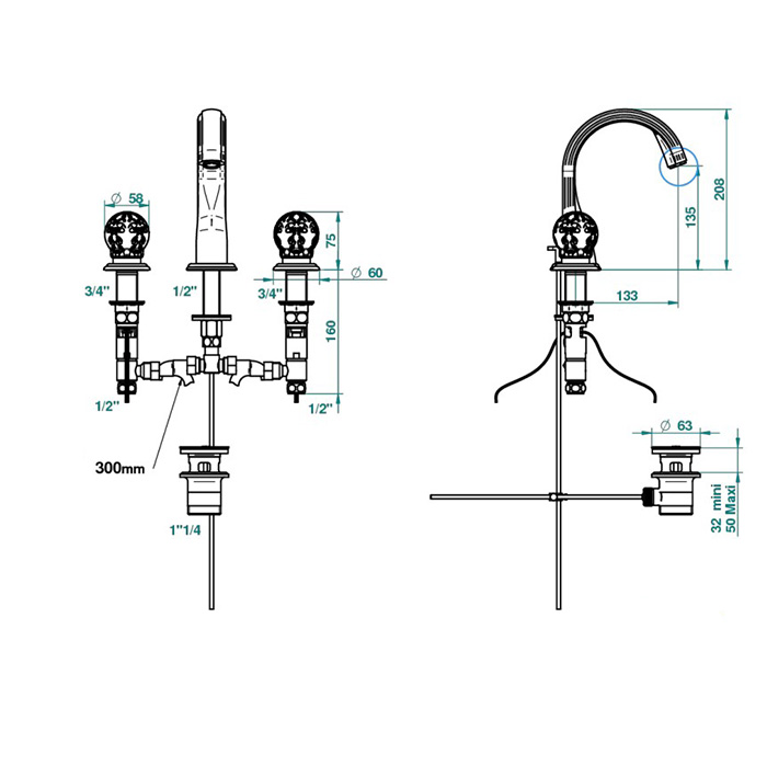  THG Flore Смеситель для раковины на 3 отверстия, ручки с подсветкой, с донным клапаном, цвет: хром