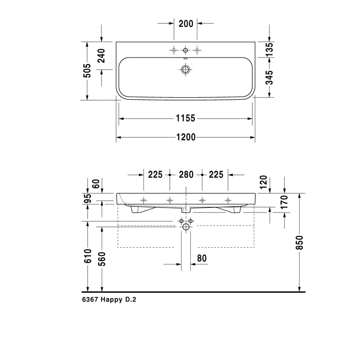 Duravit Happy D.2 Раковина 120x50.5 см, 2 отв., с переливом,  шлифованная, цвет: белый