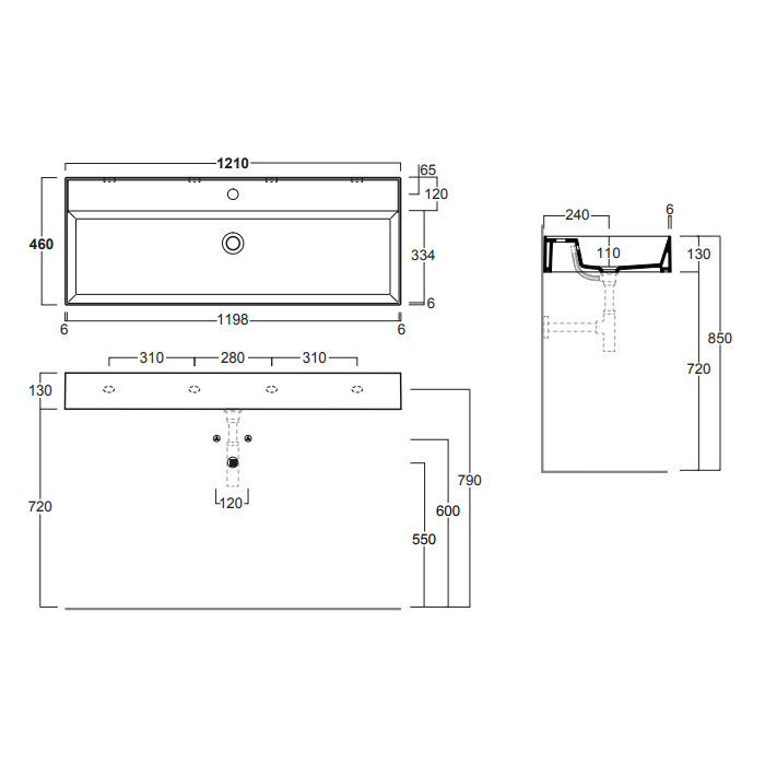 Simas Agile Раковина 121х46см., подвесная, без отв., с переливом, цвет: nero matt