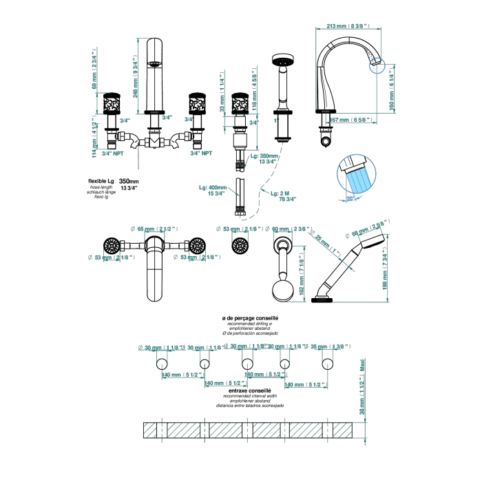 THG Hirondelles Platinum Stamped Смеситель на борт ванны, 5 отв., с ручным душем, цвет: Polished nickel