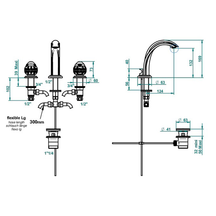 THG Panthere Cristal Noir Смеситель для раковины на 3 отверстия, с донным клапаном, цвет: Soft gold