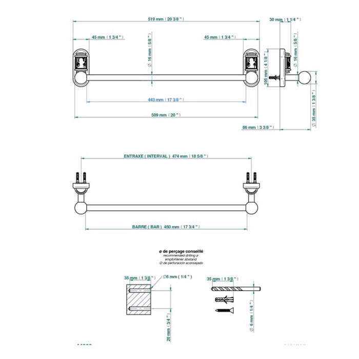  THG Ange Полотенцедержатель 45см., подвесной, цвет: хром