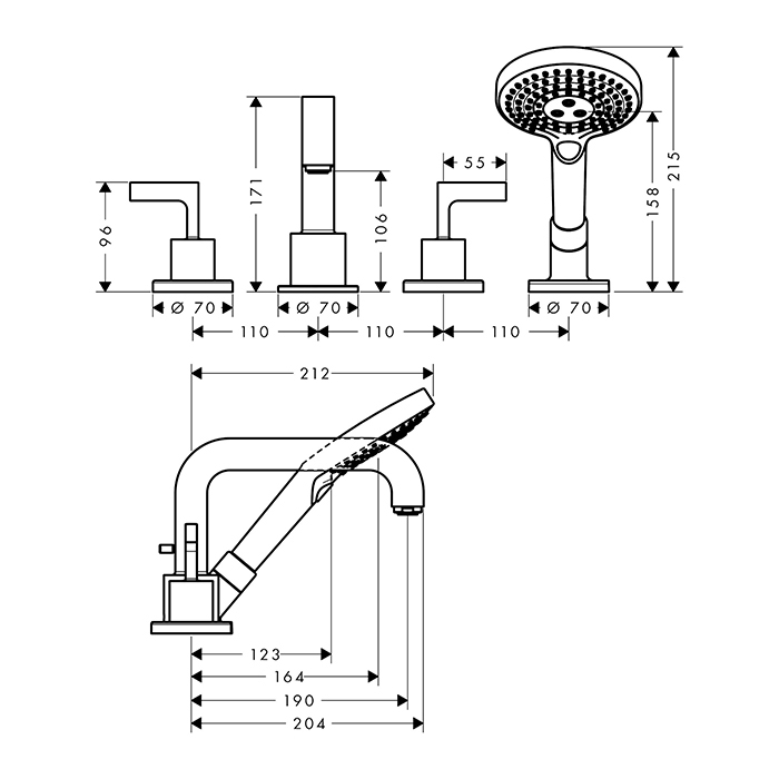 Axor Citterio Смеситель на борт ванны, на 4 отв., ручка: рычаг, с ручным душем, цвет: полированное золото