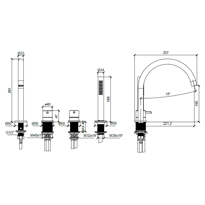 Almar Mixers Смеситель на борт ванны, 4 отв., с ручным душем, цвет: черный металл брашированный PVD