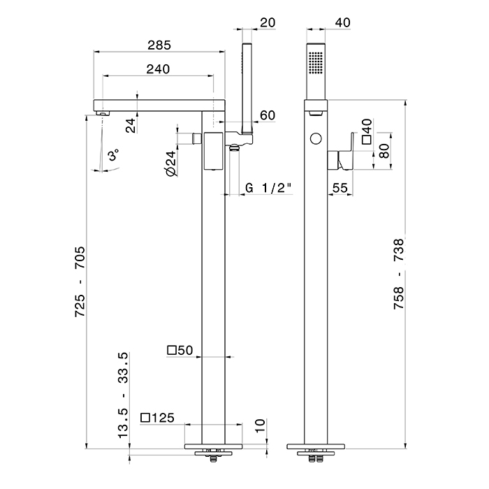 Newform Ergo Q Смеситель для ванны, напольный, с ручным душем, внешняя часть, цвет: хром