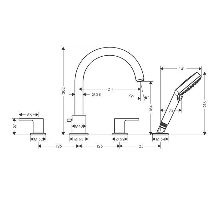  Hansgrohe Vernis Shap Смеситель на край ванны, на 4 отв, цвет: матовый черный 