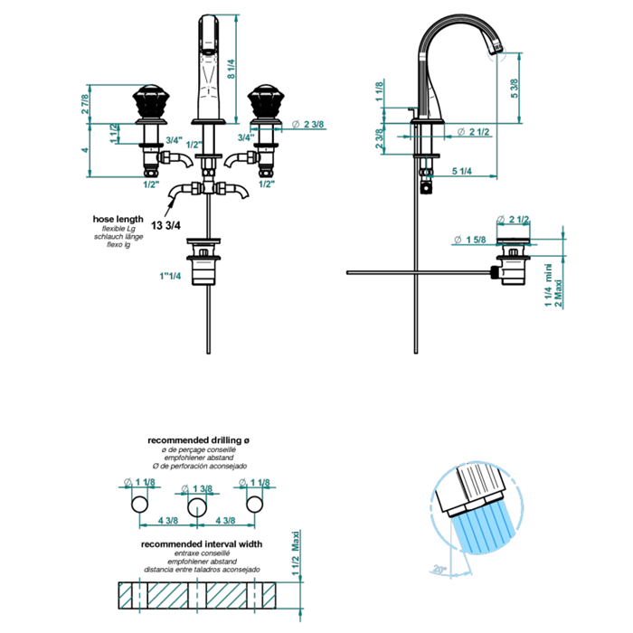 THG Dahlia Смеситель для раковины, 3 отв., цвет: золото