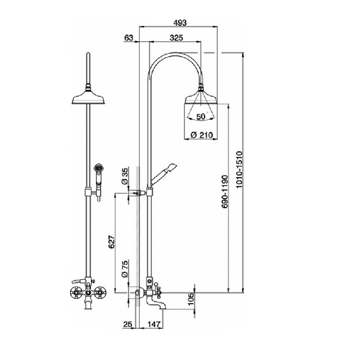 Cisal Arcana Смеситель для ванны с душевой стойкой, верхним душем Ø200 мм., ручным душем и шлангом 150 см.. цвет: Old Bronze