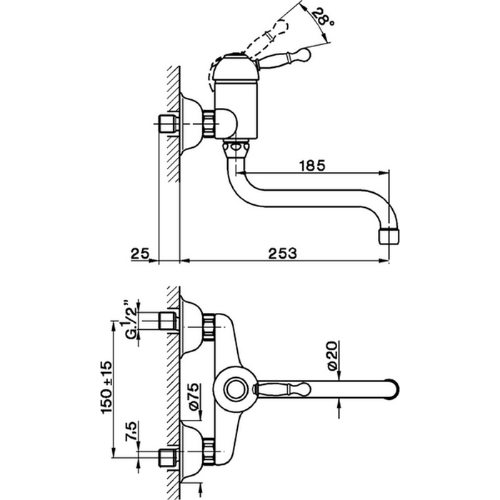 CISAL Смеситель однорычажный настенный для кухни,с поворотным изливом 253 мм, цвет: бронза
