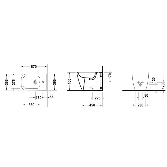 Duravit Happy D.2 Биде напольное 57х35.5см, пристенный вариант, с перел., с 1 отв. под смес., вкл. заглушку для перелива, хром, вкл. крепление Durafix