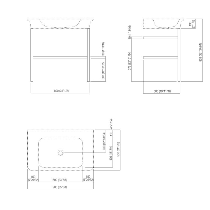 Agape Novecento XL Раковина на стальной базе 90x55x13 см, 3 отв., напольная, цвет: матовый белый/темный серый 