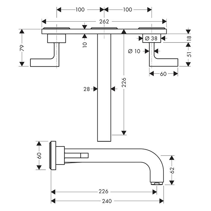 Axor Citterio Смеситель для раковины 226, встраиваемый, излив: 22.6см., ручка: рычаг, с панелью, цвет: полированное золото