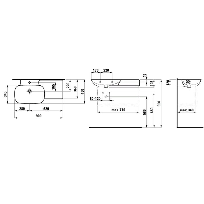 Laufen INO Раковина 90х45х12 см, без отв., полка справа, покрытие LLC, цвет: белый