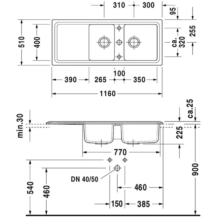 Duravit Cassia Мойка кухонная 116x51см., 1 отв., встраиваемая, цвет: антрацит матовый