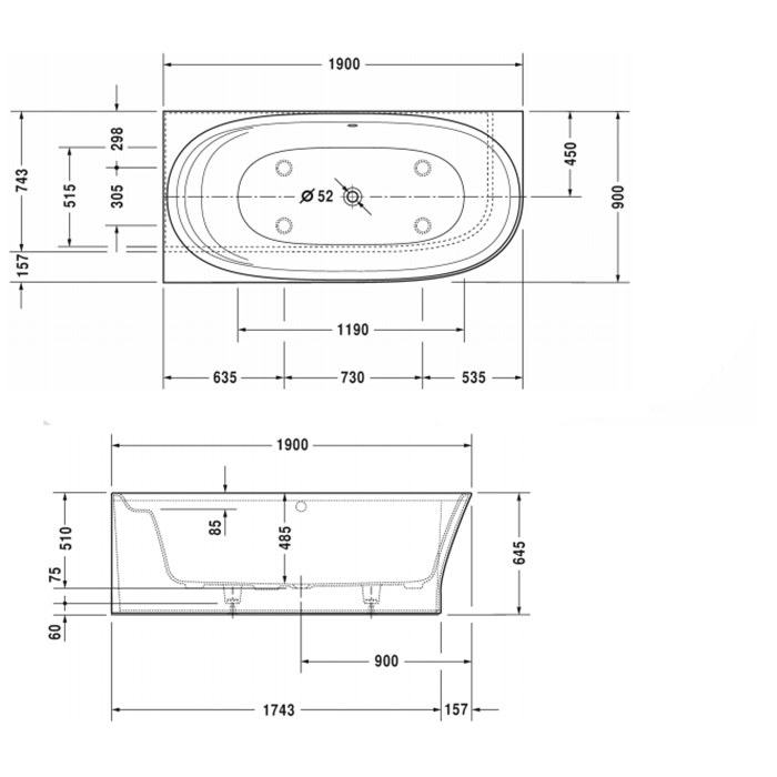 Duravit Cape Cod Ванна угол слева, с бесшовной панелью и ножками 190x90см с наклоном для спиныl, цвет: белый