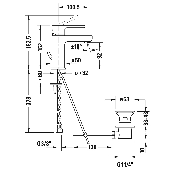 Duravit B.2 Смеситель для раковины, 1 отв., с донным клапаном, излив 101мм, цвет: хром