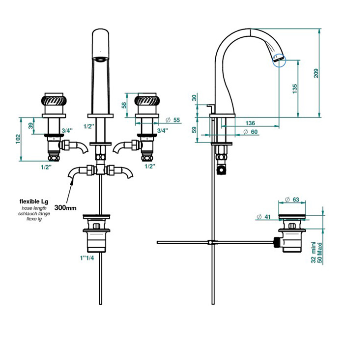  THG Diplomate Roped Rings Смеситель для раковины на 3 отверстия, с донным клапаном, цвет: хром/золото