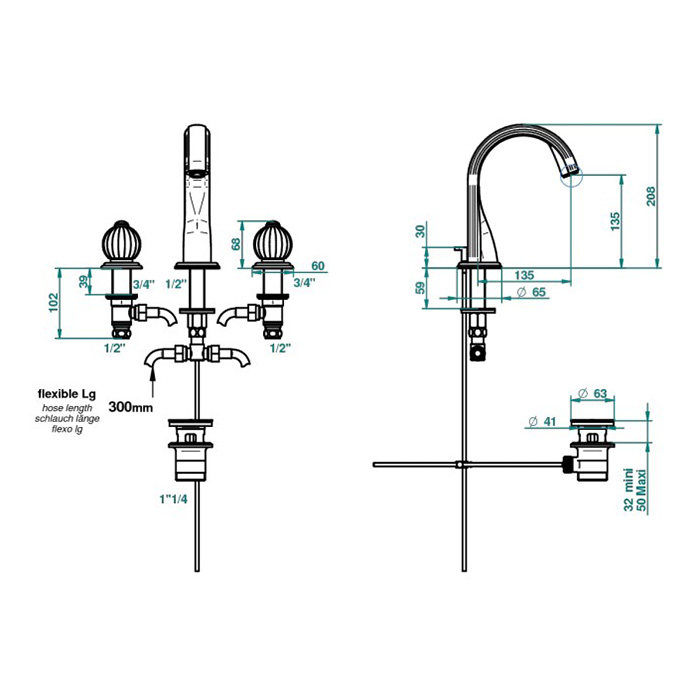 THG Mandarine satin crystal Смеситель для раковины на 3 отверстия, с донным клапаном, цвет: полированное золото