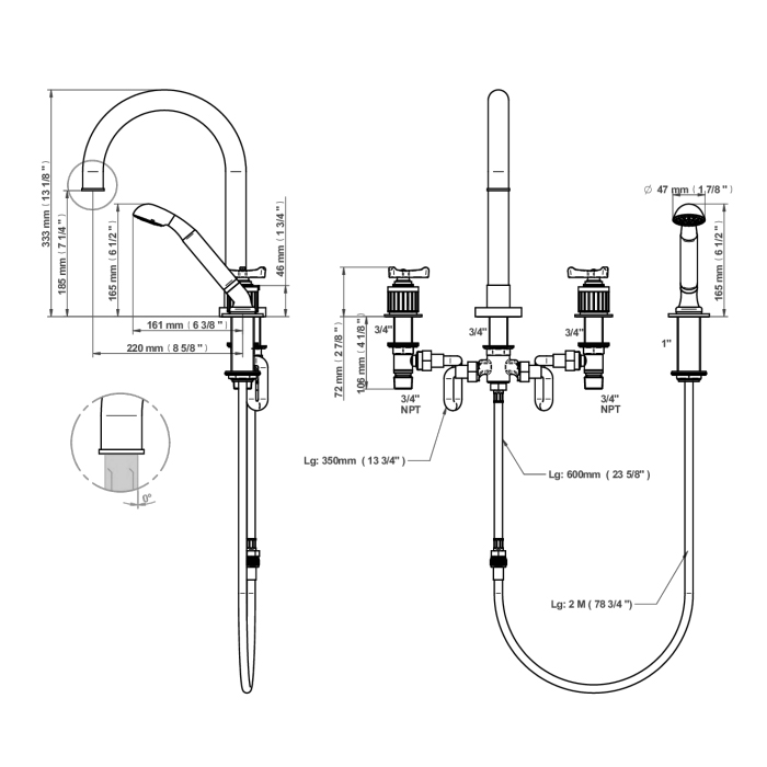THG Hamptons Смеситель на борт ванны, 4 отв., с ручным душем, цвет: хром