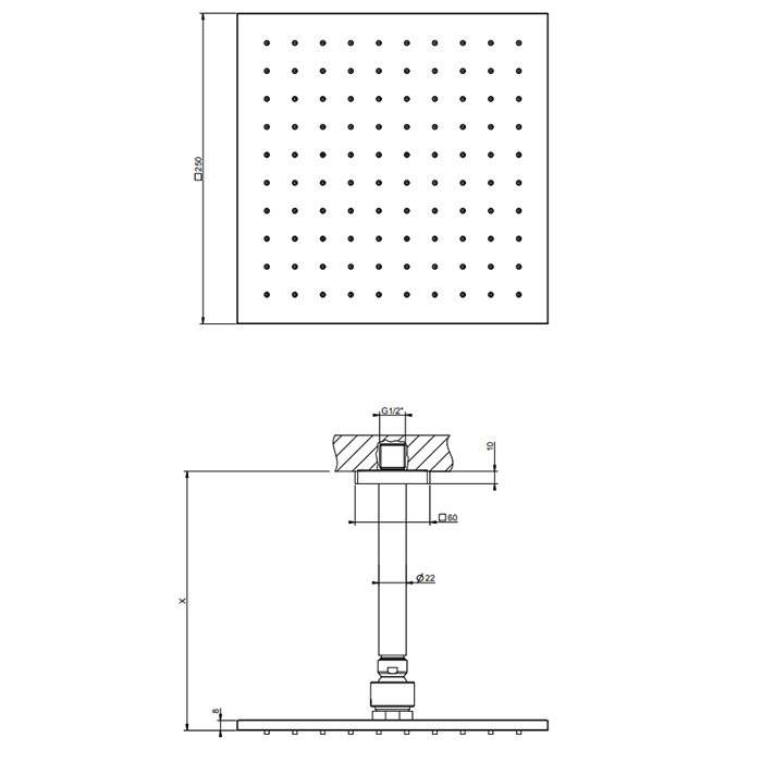 Gessi Rilievo Потолочная душевая головка на 1/2" 250x250 мм, длина изгот. под заказ (105 - 1855 мм), цвет: хром