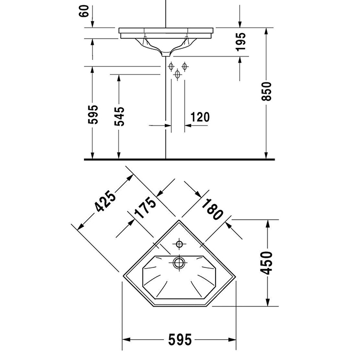 Duravit 1930 Раковина подвесная, 59х45х Н: 19.5см., угловая, 1отв., цвет: белый