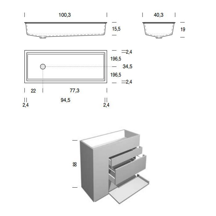 NOORTH milldue edition TOUCH Комплект мебели 100х40х88см, напольный, 3 ящика, слив в пол, раковина Milltek, смеситель H2O, цвет: Fango матовый