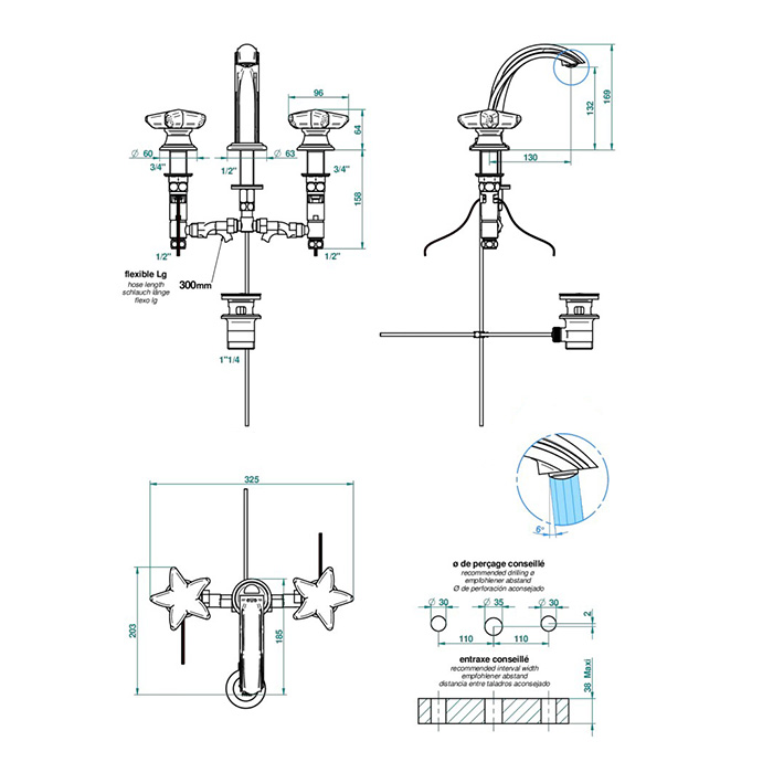 THG Oceania Смеситель для раковины на 3 отверстия, ручки с подсветкой, с донным клапаном, цвет: хром