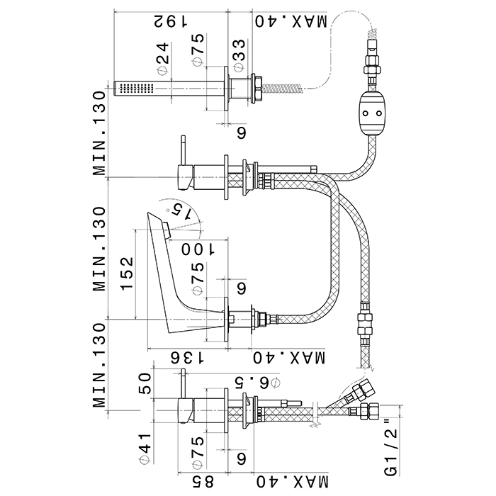 Newform O'Rama Смеситель на борт ванны, 4 отв., с изливом и ручным душем, цвет: черный матовый